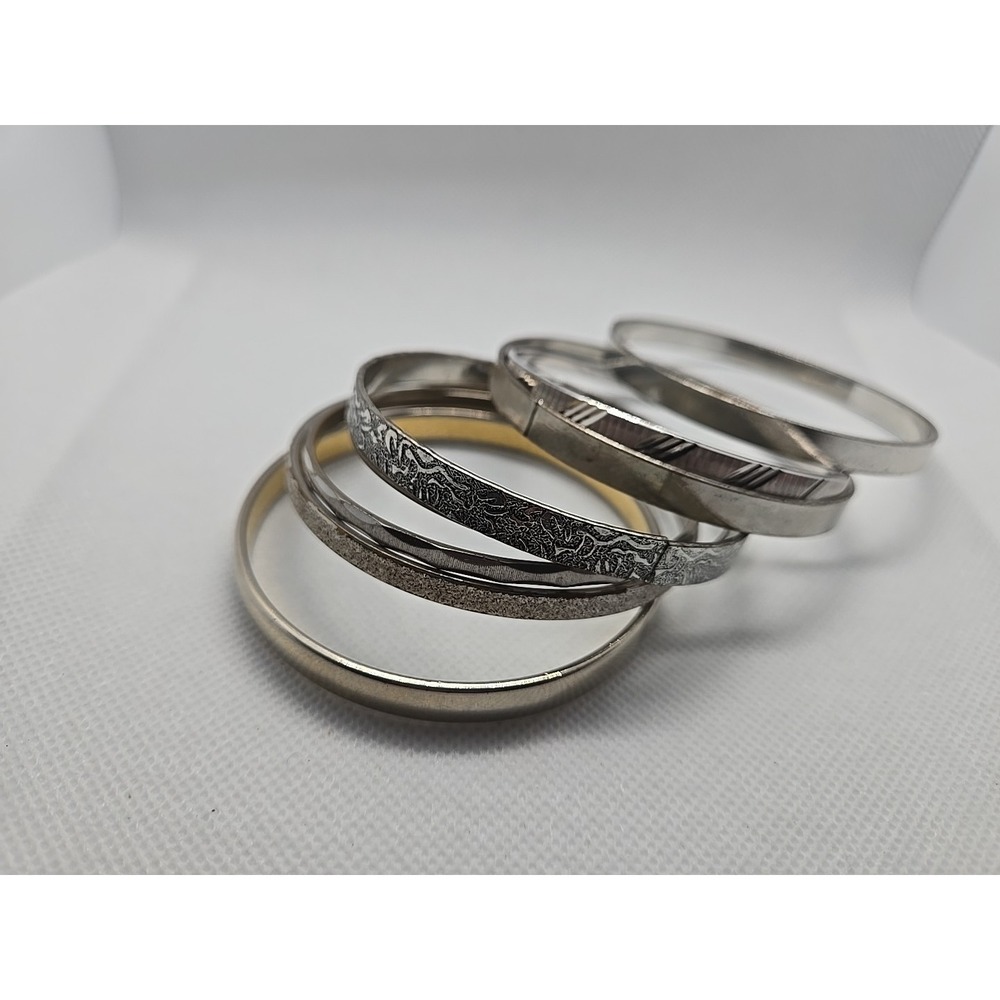 Vintage Silver‎ Tone Flower Diamond Cut Multi Textured Set of 6 Bangle Bracelets